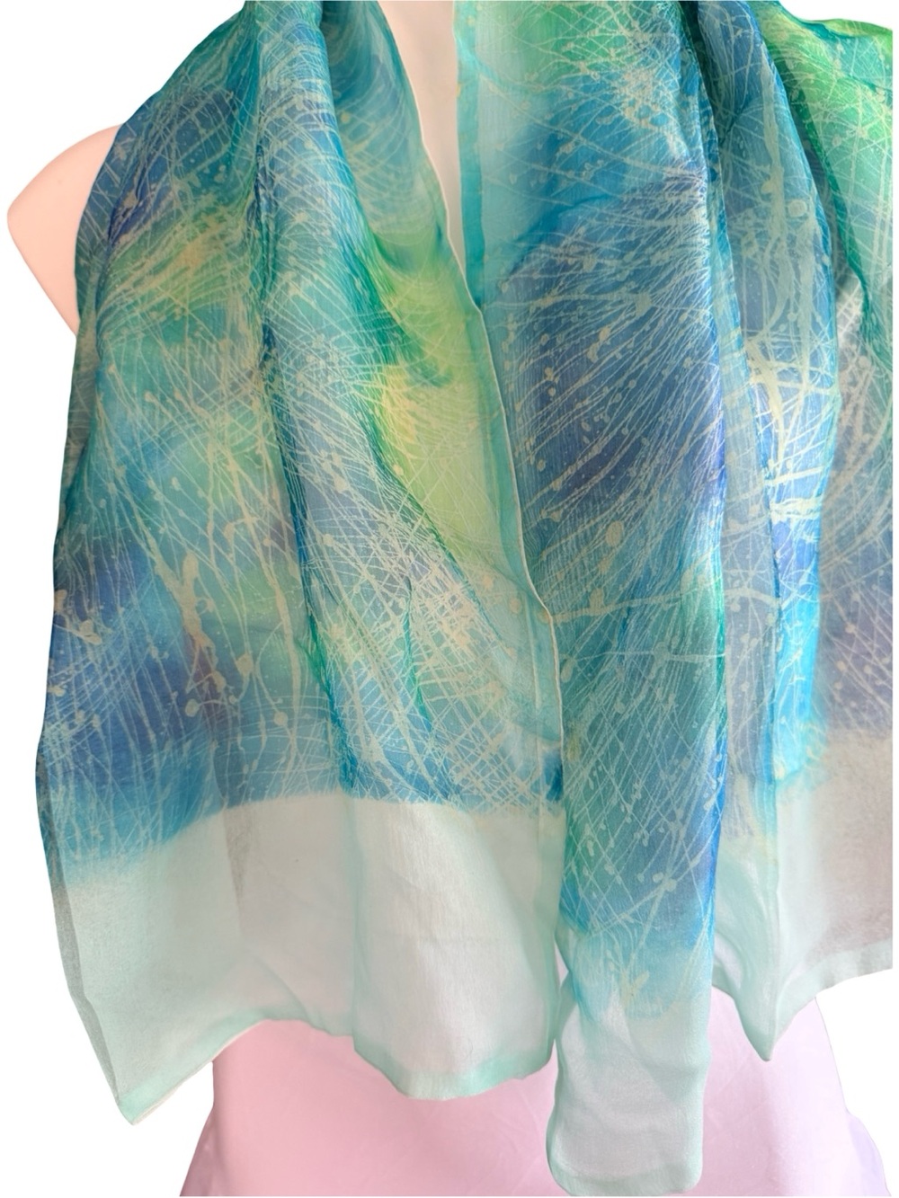 Vintage Silk Chiffon Scarf Teal Blue Mint Abstract Print 16x42 - Picture 2 of 5